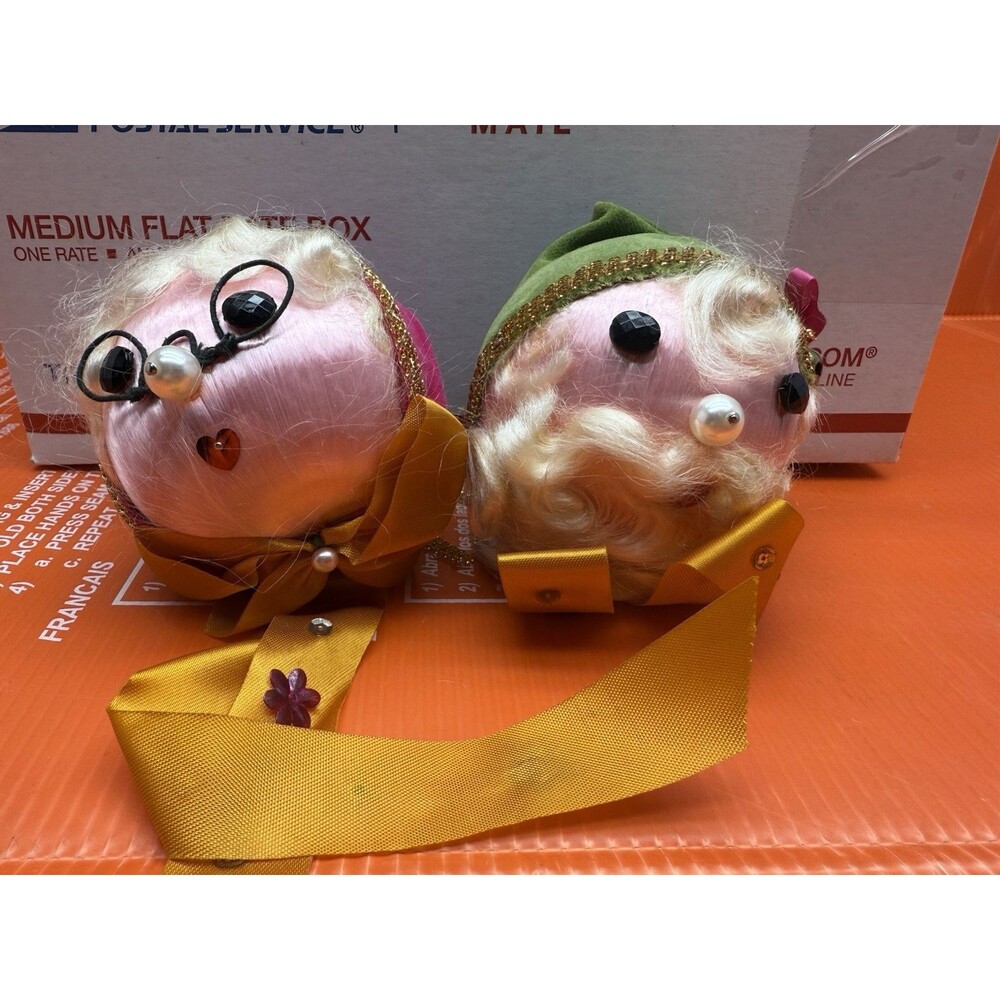 Vintage spun Silk Satin Christmas Ball Santa & Mrs clause pair of ornaments